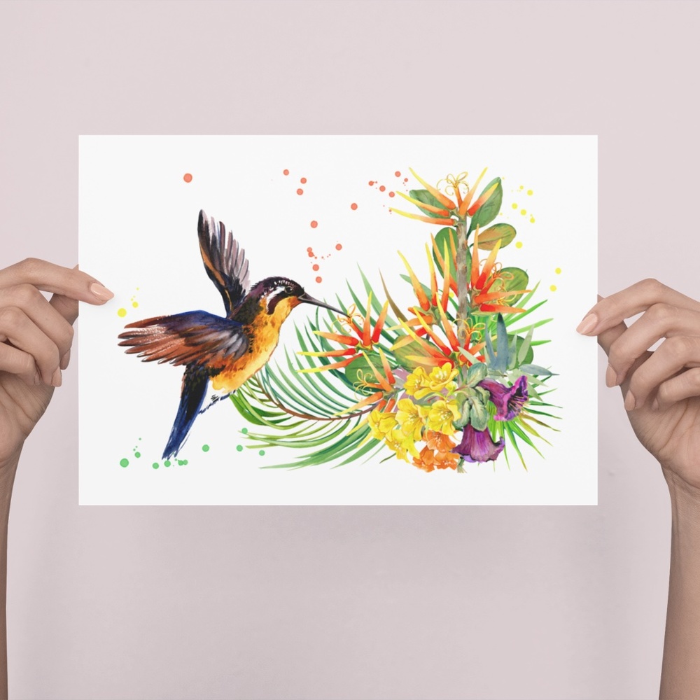 Watercolor Floral Hummingbird Colibri Wall Art Illustration Print Unframed - Picture 2 of 5